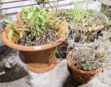 Three matching terracotta shallow garden herb planters, 22cm high x 42cm diameter with moulded