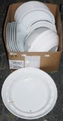 Extensive simple white ceramic dinner service, a collection of glasses and other items (3 boxes)