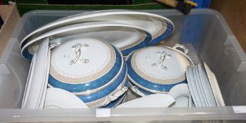Losolware Claremont pattern part dinner service with blue speckled borders including tureens, dinner