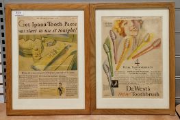 Six vintage framed vintage toothpaste and related dentistry adverts for Ipana Toothpaste, Pepsodent,