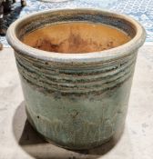 Turquoise glazed terracotta cylindrical garden planter, 33cm high