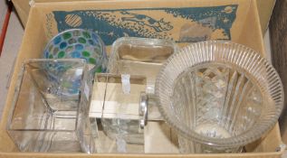 Various glass flower vases, a quartz desk clock within solid glass block case enclosing laser cut