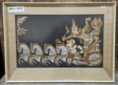 20th century Thai silk picture depicting a deity on a chariot drawn by four horses, with an