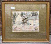 Late Victorian/early 20th century watercolour on paper depicting a house and walled garden,