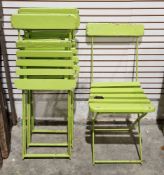 Four vintage lime green painted slatted wooden and metal folding garden chairs