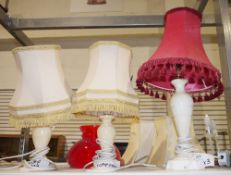 Three alabaster table lamps with accompanying lamp shades (3)