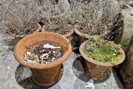Eight terracotta garden planters, of various sizes, all with matching moulded basketwork decoration,