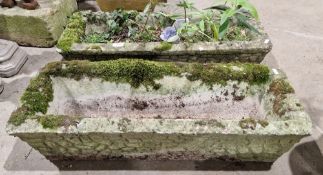 Pair of composite stone long rectangular planters with stone effect decoration, 18cm high x 70cm