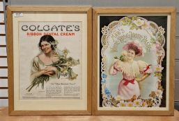 Five vintage framed vintage toothpaste and related dentistry adverts for Colgate, Maw's White Rose