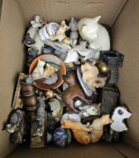 Collection of ceramic, glass, stone and metalware models of cats, including a Royal Crown Derby