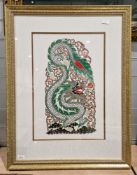 Three framed contemporary Thai cut out shadow puppets, one depicting a flame winged god, another a