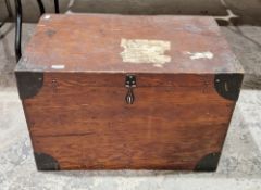 Wooden and metal bound trunk with carrying handles, 45cm high x 66cm wide