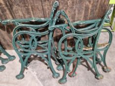 Pair of Victorian/early 20th century green-painted scroll-shaped bench ends, a pair of matching