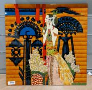 Two contemporary lacquered wall plaques, the first depicting an Art Deco style lady and the other,