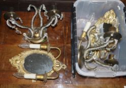 Pair of 20th century mirror back twin light gilt metal wall sconces, with electrified candle