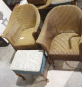 Vintage gold-painted Lloyd Loom 'Lusty' suite of wicker furniture, comprising: two armchairs 78cm