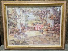 Print of a garden terrace amongst flowers, after Joan Murphy, 69cm x 88cm, a framed lacquered