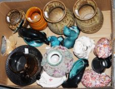 Two Poole pottery dolphin figurines, a similar sealion and otter, a pair of Prinknash pottery vases,