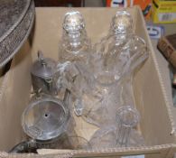 Pair of 20th century cut glass whisky decanters of canted square section, a lens cut compressed