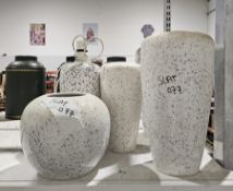 Four speckled glaze vases, one of squat baluster form and three tall and a similar table lamp (5)