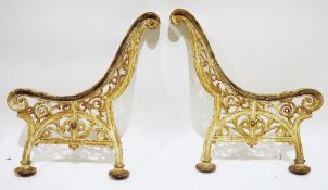Pair of Victorian white painted Coalbrookdale cast-iron scroll bench ends, stamped COALBOOKDALE