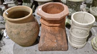 Terracotta octagonal chimney pot 47cm high, an oviform terracotta jardiniere incised with waves