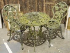 Weathered aluminium garden tripod table and two chairs, cast with interlocking roses, the table 67cm
