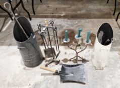 Fire companion and other fire tools, two coal scuttles, a three light metal candlestick and other