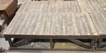 Pair of large stained wooden plank-top pallets, each approx. 44.5cm high x 185cm long x 91.5cm