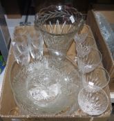 Assorted glassware to include three Stuart wine glasses, a cut glass ships decanter, a Dartington