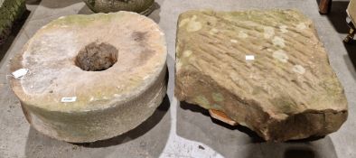 Antique stone millstone, 14cm high x 44cm diameter together with an antique stone block, 15cm high x