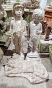 Two composite stone garden statues and a composite stone garden cat, tallest 61cm high