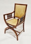 Sheraton Revival mahogany and satinwood inlaid X-frame chair with gold-coloured fabric upholstered