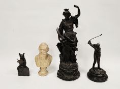 Bronze figure of a golfer in full swing, signed Milo, on a slate base, 31cm high, a bronze model