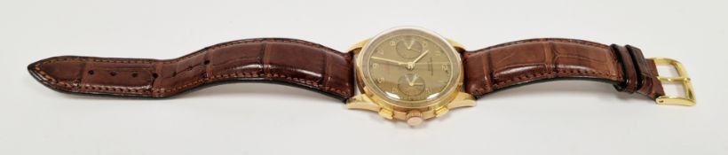 18ct gold cased Chronographe Suisse gents chronograph wristwatch, the gilt dial with arabic