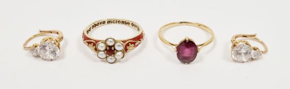9ct yellow gold and faceted oval garnet ring, size N together with a silver, enamel, garnet and