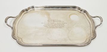 George VI silver two-handled shaped rectangular presentation tray, engraved with the inscription: '