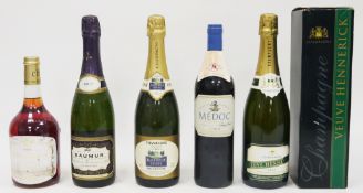 Bottle of Veuve Hennerick champagne, a selected for Balbirnie House champagne, another sparkling