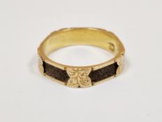 Victorian 18ct gold and woven hair mourning ring, hallmarked Birmingham, 1865, engraved with four