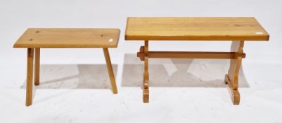 Oak handcrafted stool of rectangular form, on three square chamfered legs, 42cm high x 59cm long x