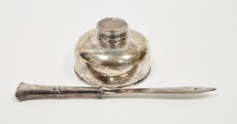 Edward VII silver inkwell and a sterling silver letter opener, the inkwell of cylindrical form, with