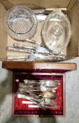 Seven items of Kings pattern serving flatware including carving knives and forks, bread knife,