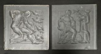 Pair of John Walsh Walsh Vesta frosted glass mythological panels, circa 1930, after designs by