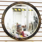 Early 20th century bevelled edge circular mirror, the black lacquered frame with chinoiserie