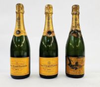 Three bottles of Veuve Clicquot Ponsardin Brut Champagne 75cl 12%vol, in wooden box