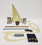 Mixed lot including a collection of mid-century drawing templates and rulers, a cased Stanley beam