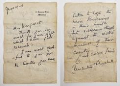 WWII facsimile letter from Clementine Churchill dated 1943, referring to the heroic Russians in