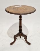 19th century walnut pedestal lamp/wine table, the inlaid circular top on a turned column and three