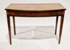 19th century mahogany bowfronted side table, the top with satinwood and ebony inlay, over a frieze