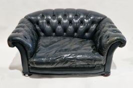 Victorian-style teal buttoned leather two-seater sofa with an arched back and single cushion seat,